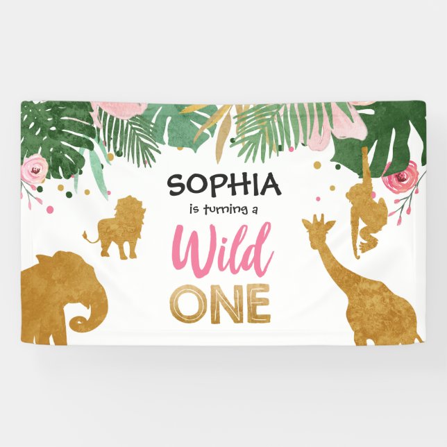 Wild One Birthday Banner Safari Jungle Girl Zoo (Horizontal)