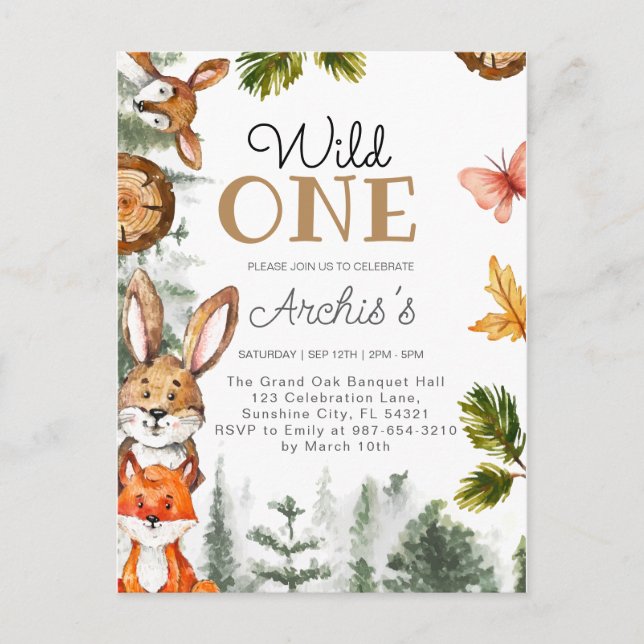 Wild One Birthday Boy Invitation, Wild One Invitat Postcard (Front)