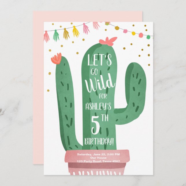 Wild One Birthday Cactus Fiesta Let's Go Wild Invitation (Front/Back)