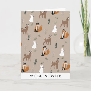 Wild One Birthday Forest Animals Pattern Brown Card