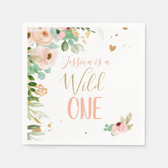 Wild One Birthday Girl Floral Flowers Pink Gold Napkin (Front)