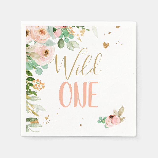 Wild One Birthday Girl Floral Flowers Pink Gold Napkin (Front)
