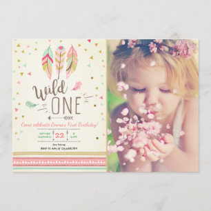 Wild one Birthday Girl Pink Gold 1st Boho Feathers Invitation