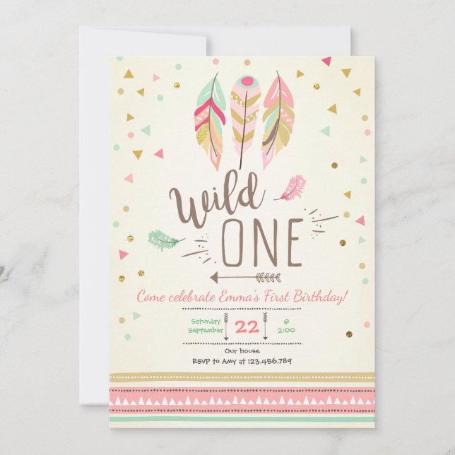 Wild one Birthday Girl Pink Gold 1st Boho Feathers Invitation (Front)