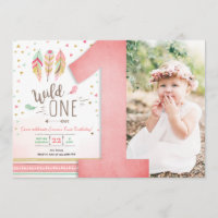Wild One Birthday Girl Pink Gold 1st Boho Feathers