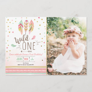 Wild one Birthday Girl Pink Gold 1st Boho Feathers Invitation