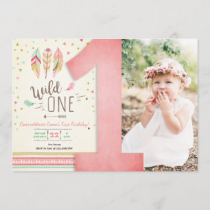 Wild One Birthday Girl Pink Gold 1st Boho Feathers Invitation