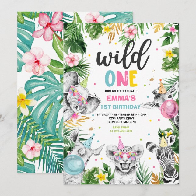 Wild One Birthday Gold Safari Jungle Animals Party Invitation (Front/Back)