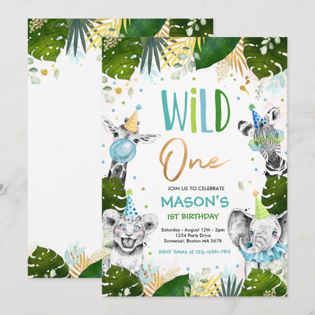 Wild One Birthday Gold Safari Jungle Animals Party Invitation (Front/Back)