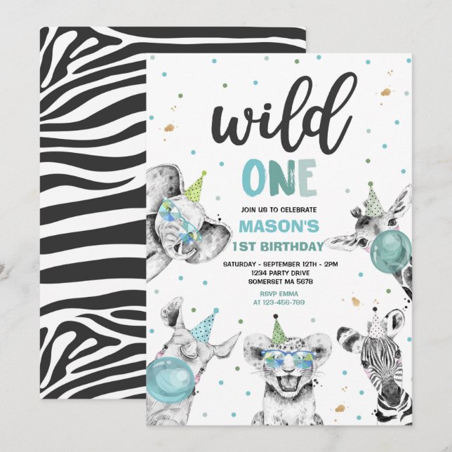 Wild One Birthday Gold Safari Jungle Animals Party Invitation (Front/Back)