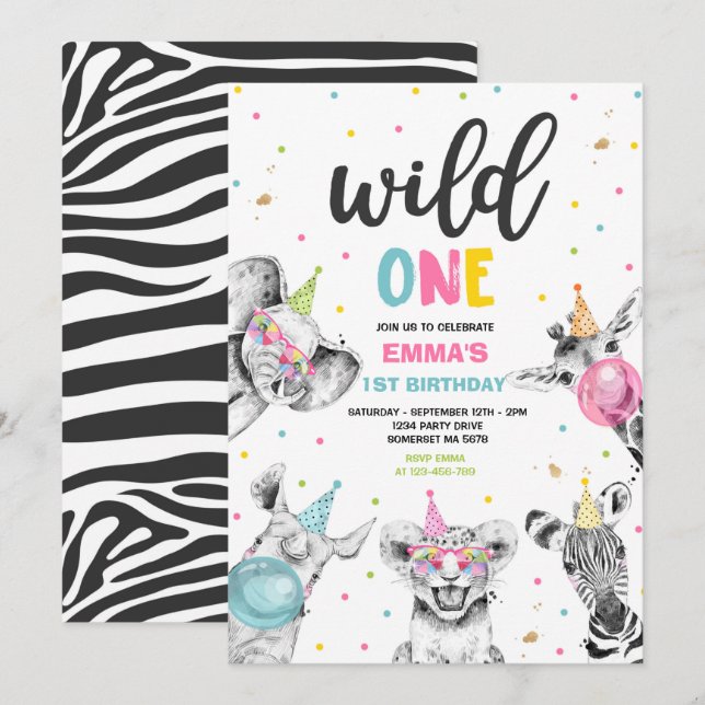 Wild One Birthday Gold Safari Jungle Animals Party Invitation (Front/Back)