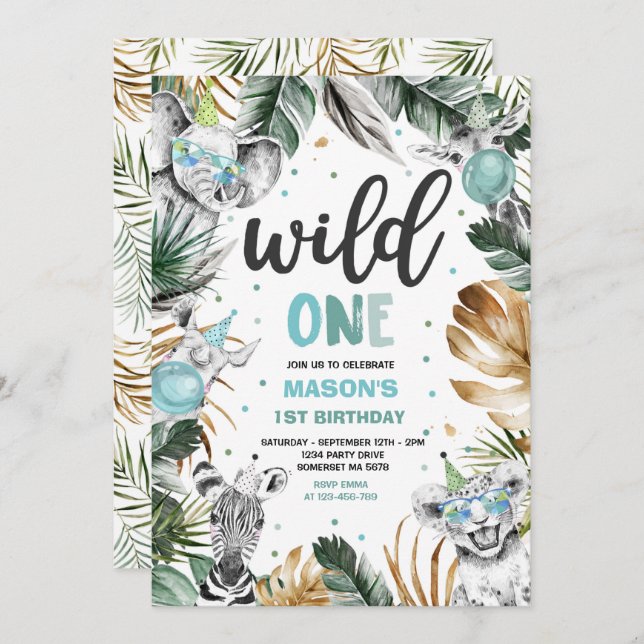 Wild One Birthday Gold Safari Jungle Animals Party Invitation (Front/Back)