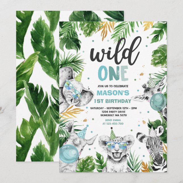 Wild One Birthday Gold Safari Jungle Animals Party Invitation (Front/Back)