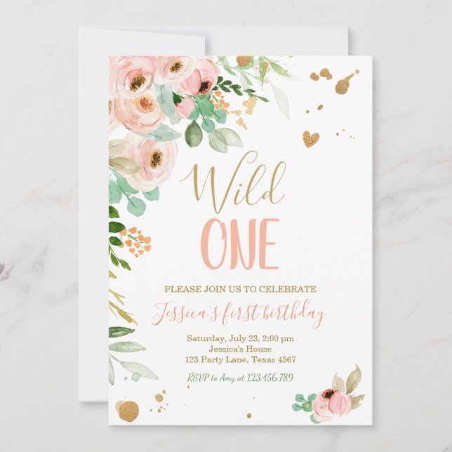Wild One Birthday Invitation 1st Floral Pink Gold (Front)