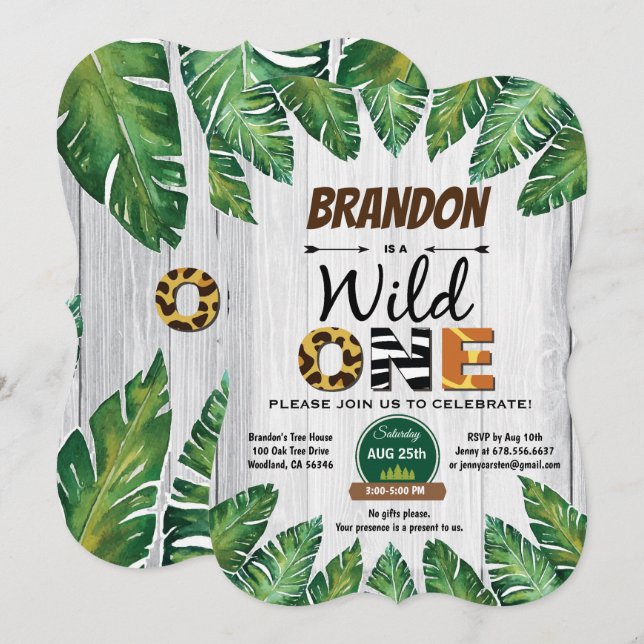Wild One birthday invitation. Boy jungle theme Invitation (Front/Back)