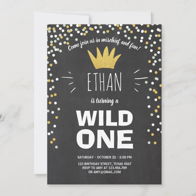 Wild One birthday invitation Boy rustic Black Gold (Front)