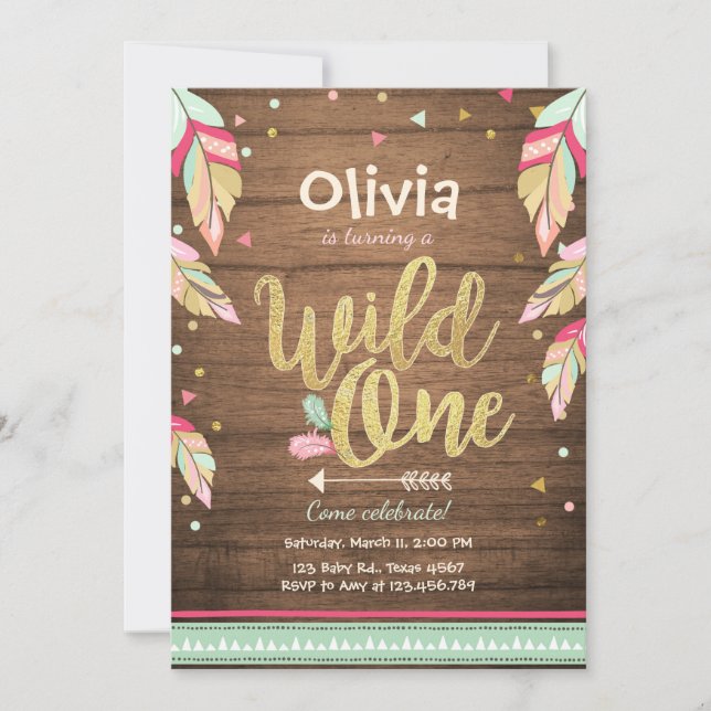 Wild One birthday invitation First birthday Girl (Front)