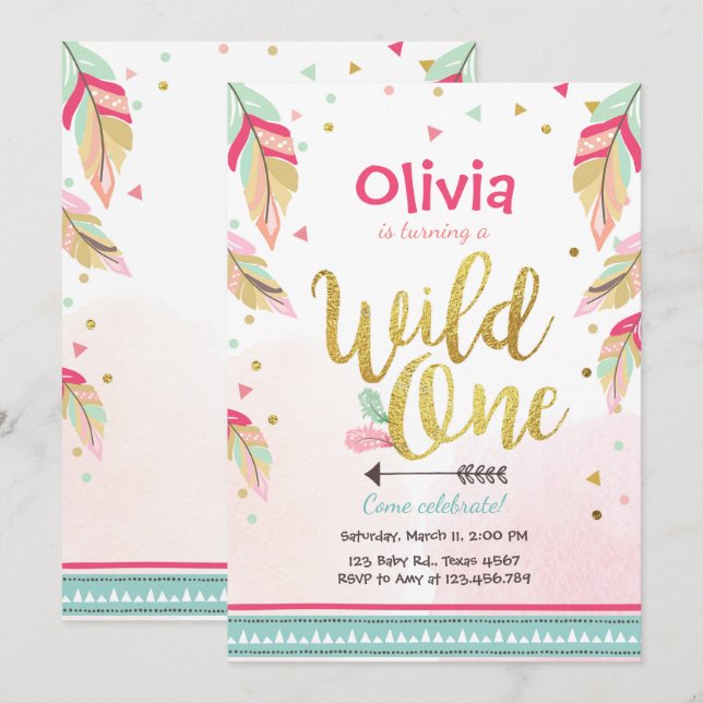 Wild One birthday invitation First birthday Girl (Front/Back)