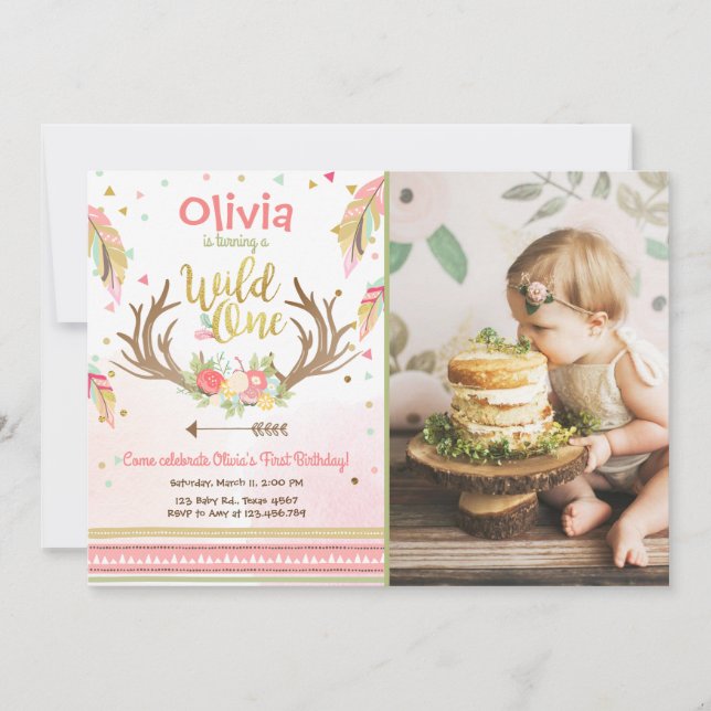 Wild One birthday invitation First birthday Girl (Front)