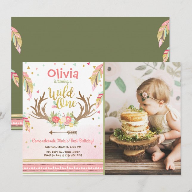 Wild One birthday invitation First birthday Girl (Front/Back)