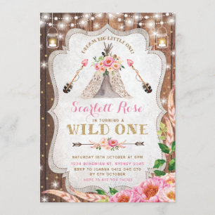 Wild One Birthday Invitation Floral Boho Teepee