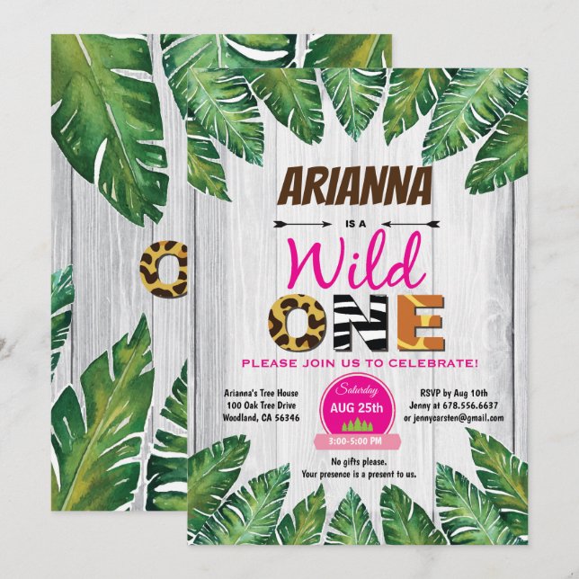 Wild One birthday invitation. Girl jungle theme Invitation (Front/Back)