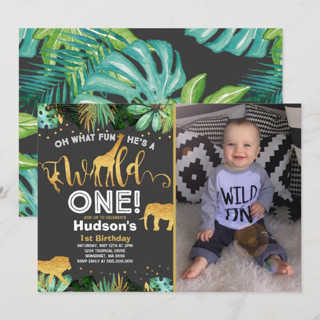 Wild One Birthday Invitation Jungle Animals Party (Front/Back)