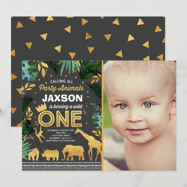Wild One Birthday Invitation Jungle Animals Party (Front/Back)