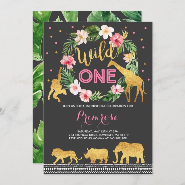 Wild One Birthday Invitation Jungle Animals Party (Front/Back)
