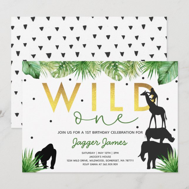 Wild One Birthday Invitation Jungle Animals Party (Front/Back)