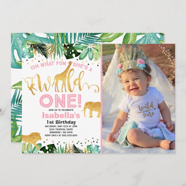 Wild One Birthday Invitation Jungle Animals Party (Front/Back)