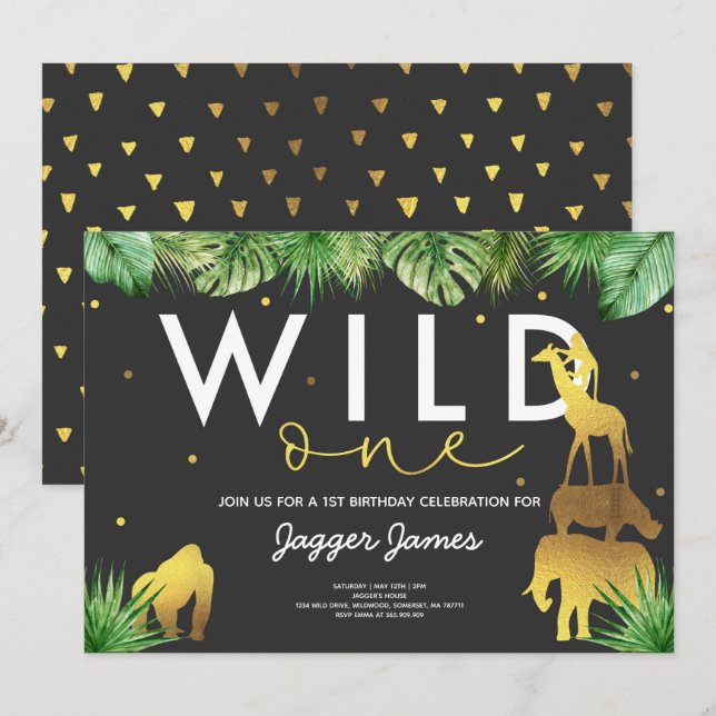 Wild One Birthday Invitation Jungle Animals Party (Front/Back)