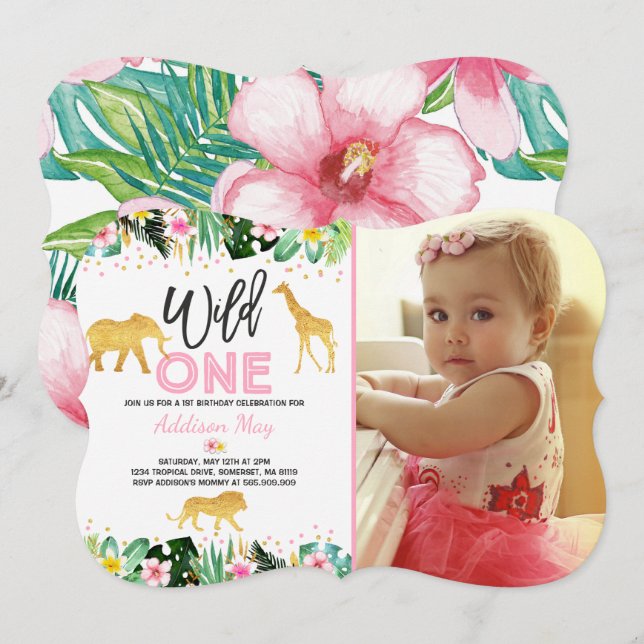 Wild One Birthday Invitation Jungle Animals Party (Front/Back)