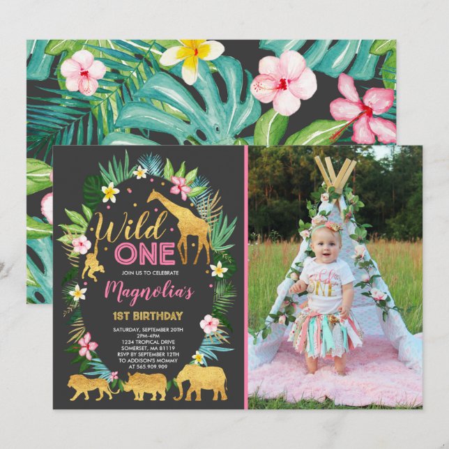 Wild One Birthday Invitation Jungle Animals Party (Front/Back)