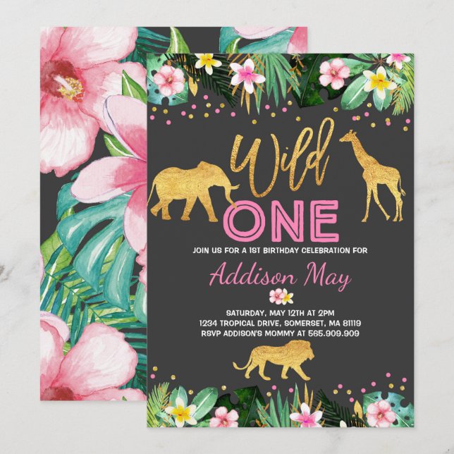 Wild One Birthday Invitation Jungle Animals Party (Front/Back)