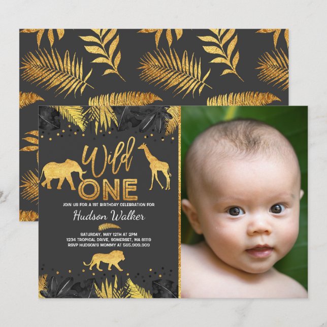 Wild One Birthday Invitation Jungle Animals Party (Front/Back)