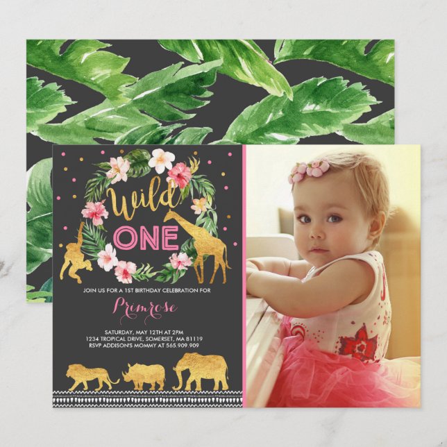 Wild One Birthday Invitation Jungle Animals Party (Front/Back)