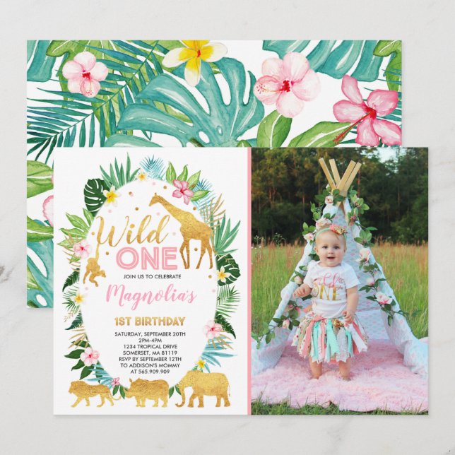 Wild One Birthday Invitation Jungle Animals Party (Front/Back)