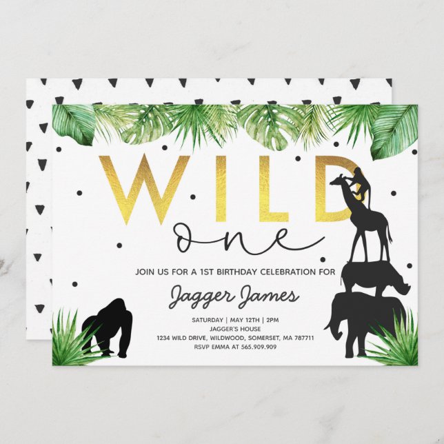 Wild One Birthday Invitation Jungle Animals Party (Front/Back)