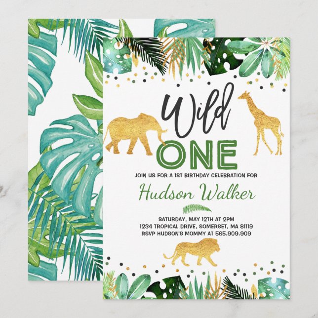Wild One Birthday Invitation Jungle Animals Party (Front/Back)