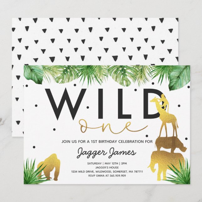 Wild One Birthday Invitation Jungle Animals Party (Front/Back)