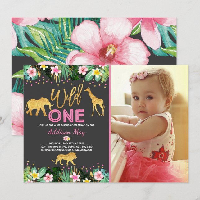Wild One Birthday Invitation Jungle Animals Party (Front/Back)