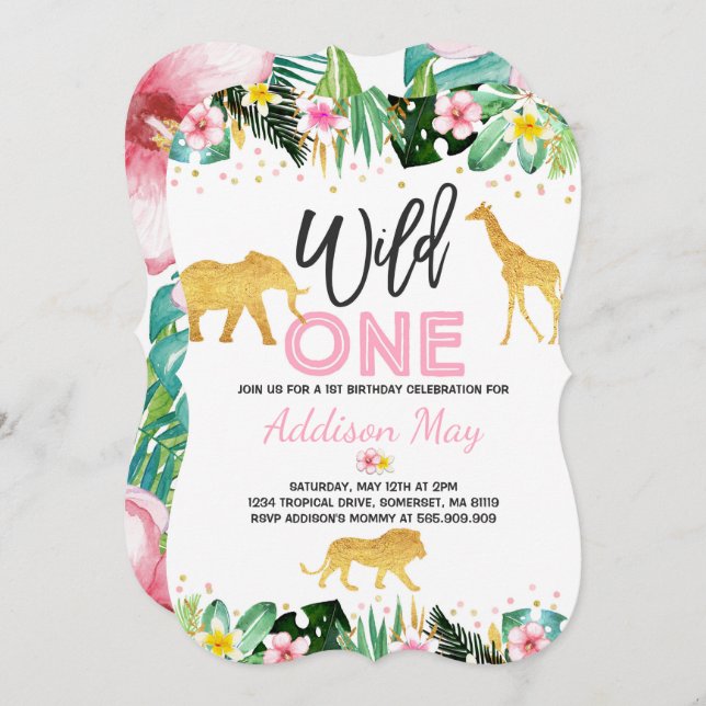 Wild One Birthday Invitation Jungle Animals Party (Front/Back)