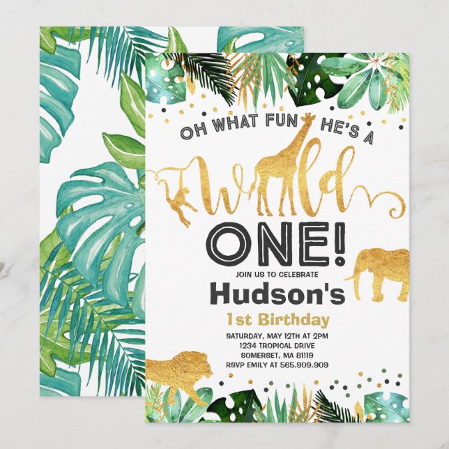 Wild One Birthday Invitation Jungle Animals Party (Front/Back)