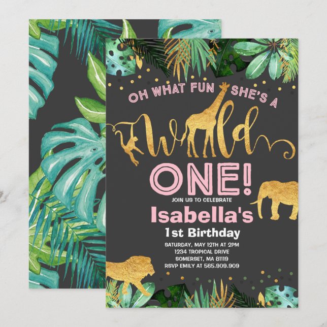 Wild One Birthday Invitation Jungle Animals Party (Front/Back)