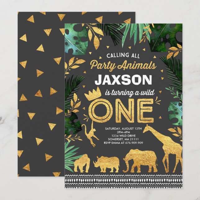 Wild One Birthday Invitation Jungle Animals Party (Front/Back)