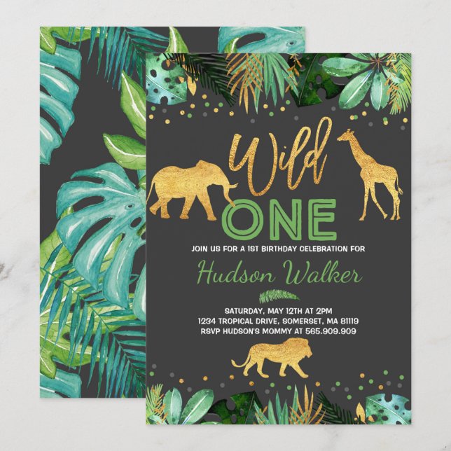 Wild One Birthday Invitation Jungle Animals Party (Front/Back)