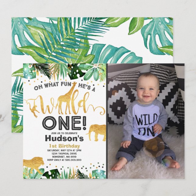 Wild One Birthday Invitation Jungle Animals Party (Front/Back)