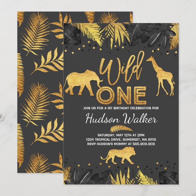 Wild One Birthday Invitation Jungle Animals Party (Front/Back)