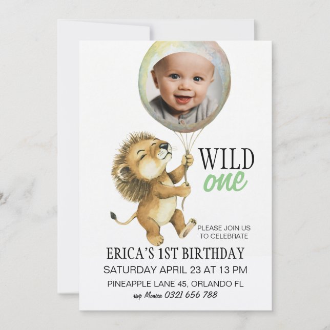 Wild One Birthday Invitation, Lion 1st Birthday  Invitation (Front)